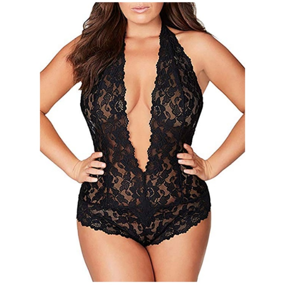 Halter Plunging Teddy One Piece Scalloped Trim